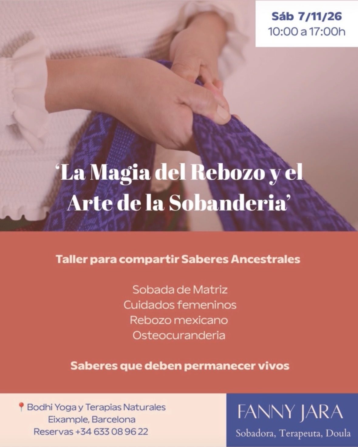 Cartel del taller La Magia del Rebozo y el Arte de la Sobandería con Fanny Jara, sábado 7 de noviembre de 2026